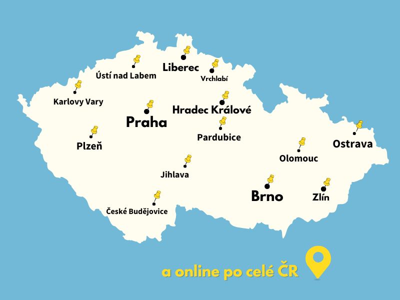 Mapa učeben Doučse po celé ČR — Praha, Brno, Ostrava, Hradec Králové, Liberec, Zlín, České Budějovice, Vrchlabí a další